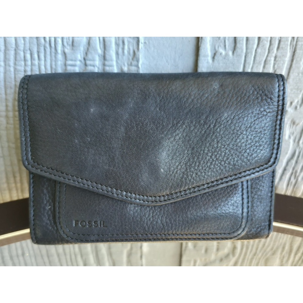 Fossil Women's Black Leather Trifold Wallet Envelope Snap Pocket Vintage 90s
